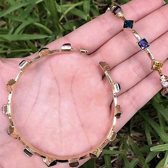 Gold 18K GP Multicolored Gemstone Cuff Hoop Earrings - Picture 12 of 12